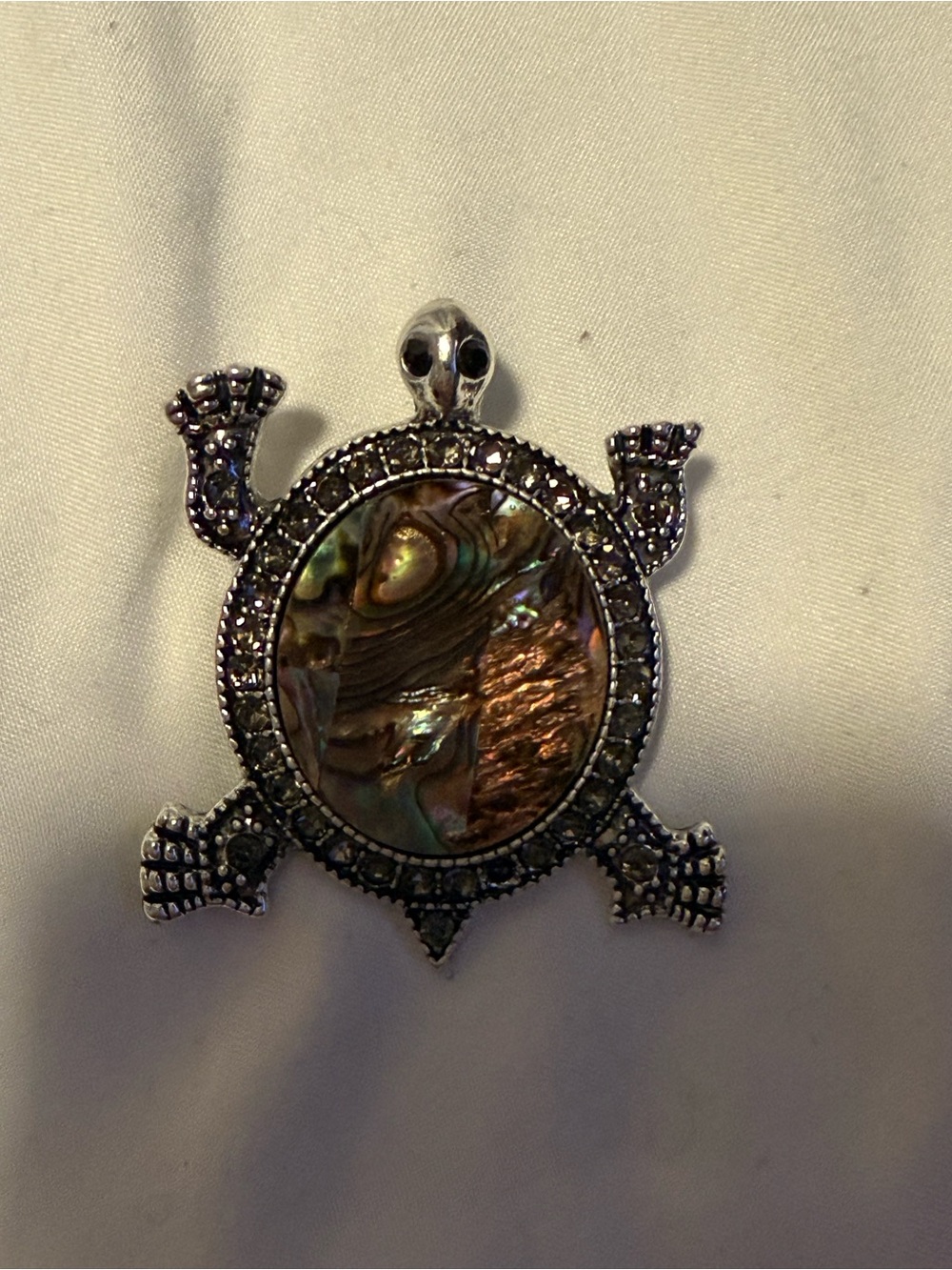 Silver-Tone Turtle Pendant Brooch ✨ Abalone Shell & Rhinestones